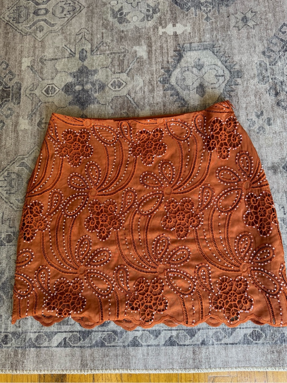 Embellished Burnt Orange Lace Midi Skirt